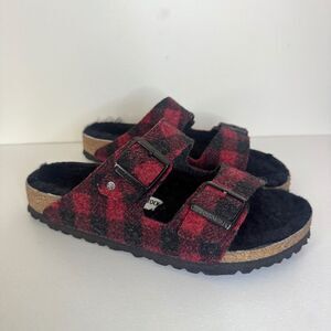 Birkenstock Arizona Shearling Slide Sandal - Red/Black Plaid | Size 39